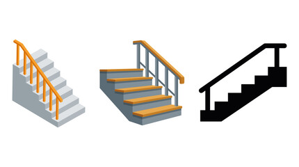 Fototapeta premium Set of staircase icons with handrails in isometric flat and silhouette styles