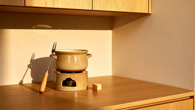sideboard. Small ceramic fondue pot with fork and bread cube on sideboard, warm home entertaining and comfort food concept, menu design.