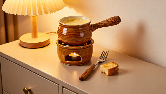 sideboard. Small ceramic fondue pot with fork and bread cube on sideboard, warm home entertaining and comfort food concept, menu design.
