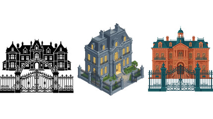 Fototapeta premium Set of luxury mansion illustrations with ornate iron gates in silhouette isometric and flat styles