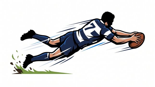 Rugby player diving for a try in a dynamic vector design suitable for sports marketing logo background and athletic branding concepts