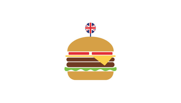 Delicious hamburger topped with a miniature British flag toothpick stands on a clean white space representing fast food.