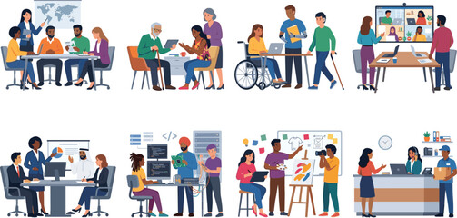 Fototapeta premium Diverse Workplace Team Collaboration and Inclusive Office Professionals Collection Flat Vector Illustration