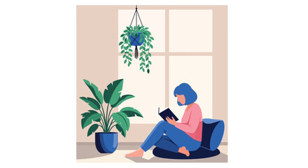 Fototapeta premium A woman relaxes and reads a book near a window with lush indoor plants