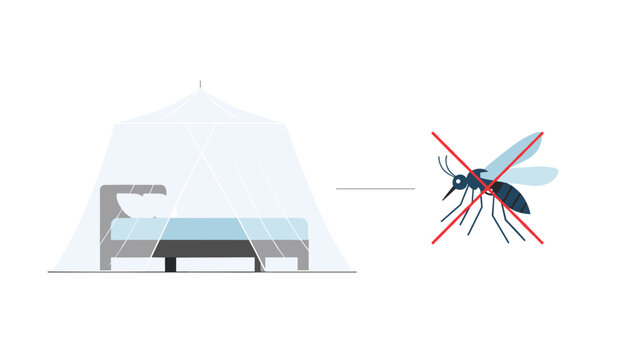 Bed with a mosquito net canopy stands next to a crossed out mosquito icon representing malaria prevention and health safety.