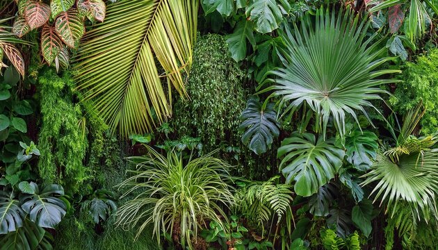 tropical vertical garden densely packed with green and exotic foliage