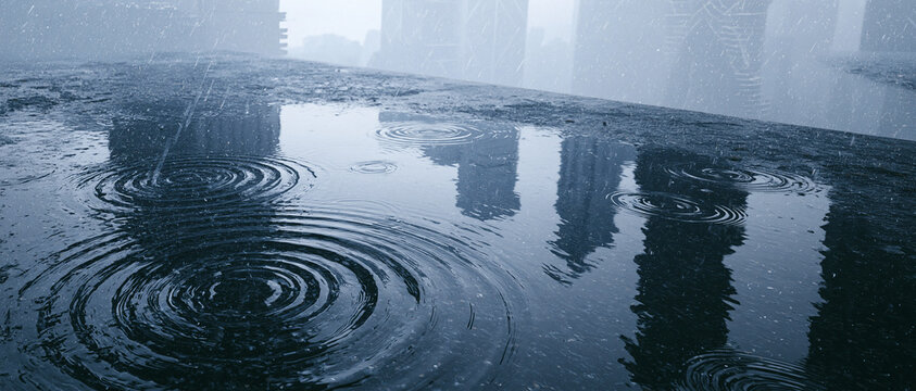 Wet asphalt road in a city. Raindrops strike a large puddle, generating multiple expanding rings of ripples.