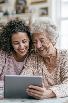 A younger woman sitting at a table with an elderly parent, both looking at a tablet together, sharing a laugh.