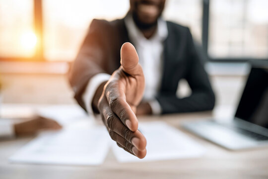 A first person perspective of a business handshake offer with shallow depth of field.