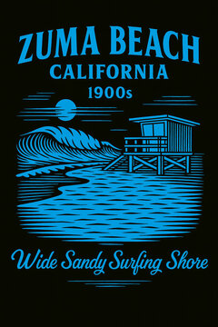 Vintage graphic artwork showcases a dramatic ocean scene at Zuma Beach, California from the 1900s, featuring a towering surf wave rolling towards a lifeguard tower on a luminous evening, evoking