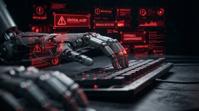 Cybersecurity concept featuring a robotic hand and digital warnings for data protection.
