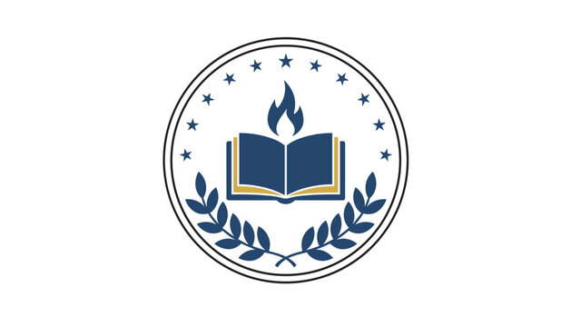 Formal academic emblem featuring an open book topped with a burning flame surrounded by a circular laurel wreath and twelve stars on a white background.