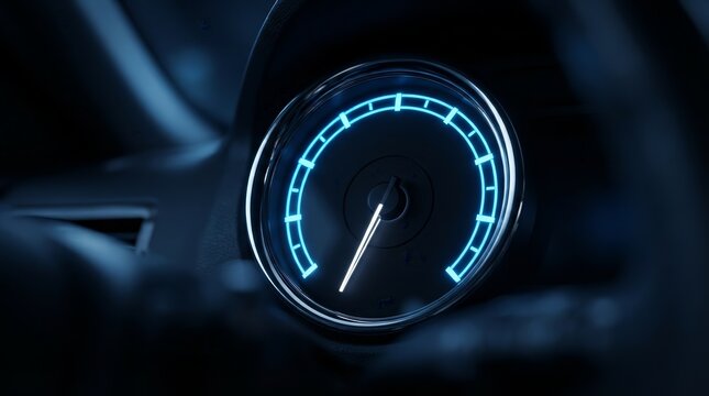 Close up of a vehicle speed indicator needle with blue glowing light at night.