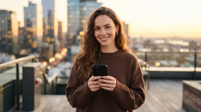 Portrait of a happy young woman with a smartphone in a city setting.