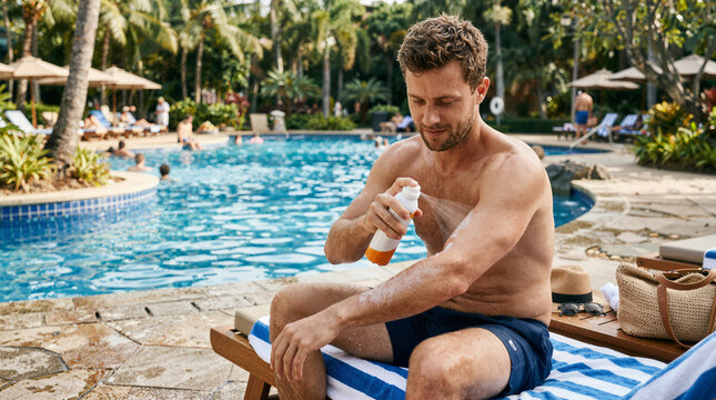 Man applying sunscreen spray by a tropical resort swimming pool