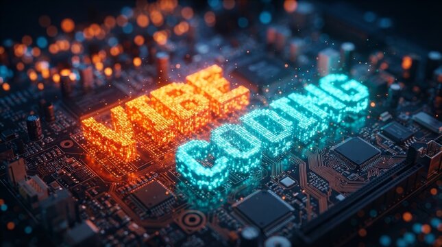 Cyberpunk aesthetic background featuring orange and blue lights on a tech circuit board.