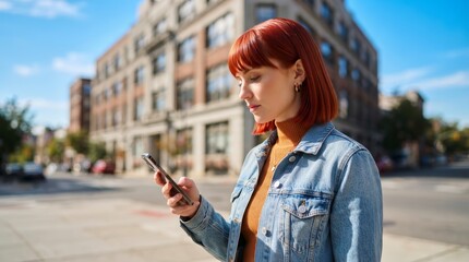 Fototapeta premium Redheaded woman in a denim jacket looking at her mobile phone in an urban setting.