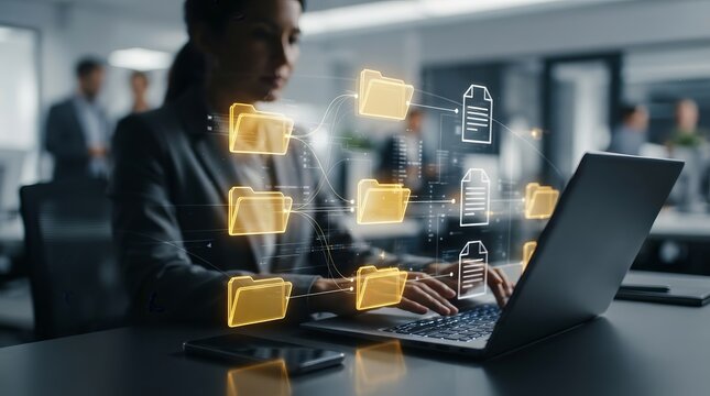 Digital organization concept featuring file folders and documents on a computer screen.