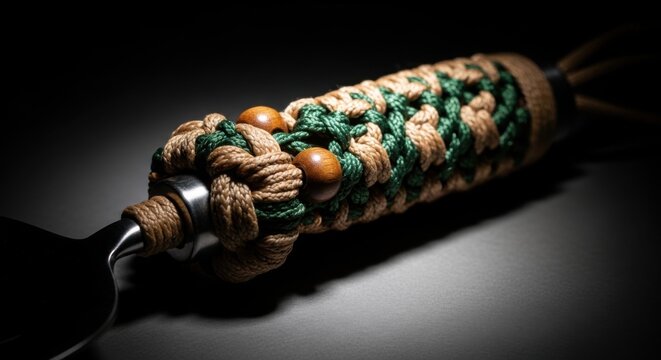 Unique Paracord Wrapped Utensil Handle with Wooden Beads Close Up
