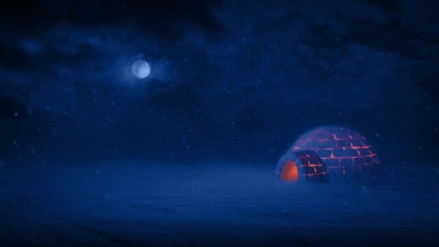 Igloo With Fire Glow In Snowfall At Night
