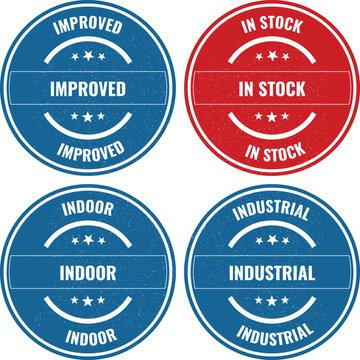 Round badge sticker set featuring improved in stock indoor and industrial text for commercial product marketing