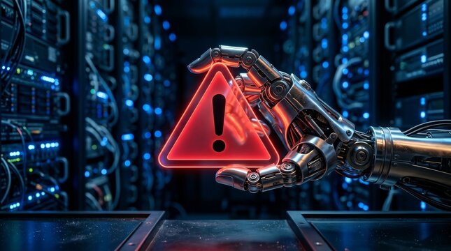 Automation hazards and future tech threats represented by a robot hand grasping a red caution symbol.