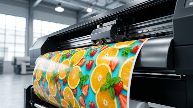 High tech equipment in a factory creating a large banner with fruit graphics.