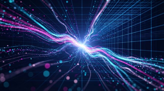 Futuristic cyberspace concept showing data streams merging with AI technology.
