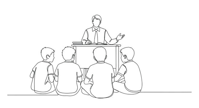 A simple line drawing depicts a teacher lecturing to a small group of students