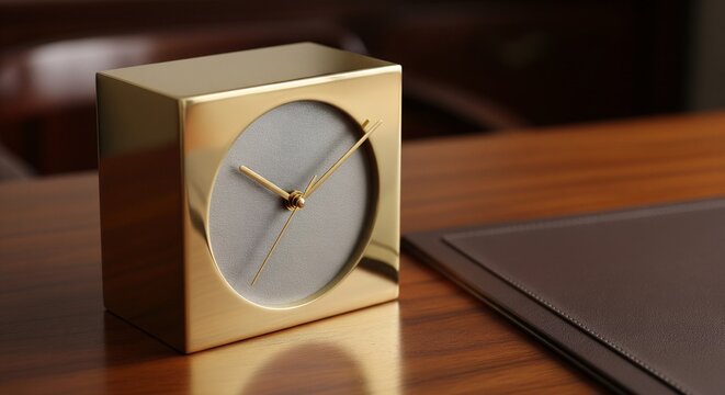 Elegant square gold table clock with a silver face resting on a wooden desk.