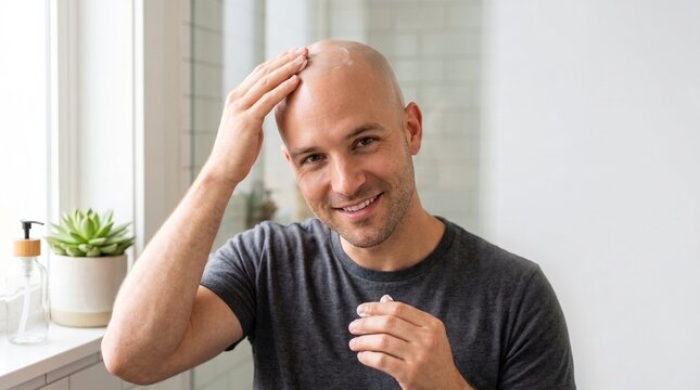 Smiling bald man applying moisturizing cream to his scalp for skincare and grooming routine in bathroom