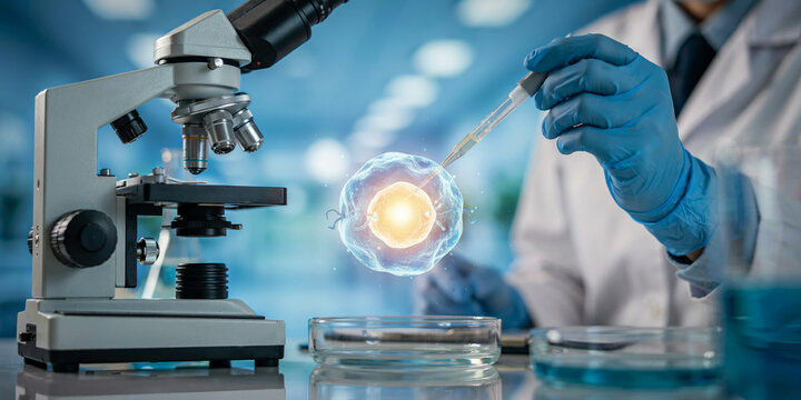 Scientific laboratory research with microscope and glowing cell manipulation.