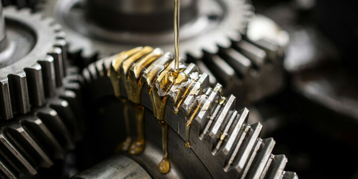 Industrial gear lubrication with oil dripping on metal machinery parts.