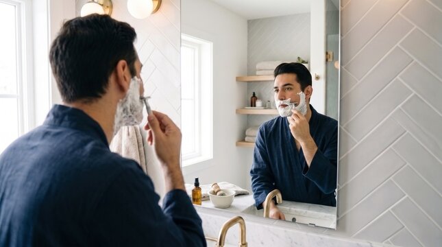 Man shaving face with razor in bathroom mirror for morning grooming routine and skincare