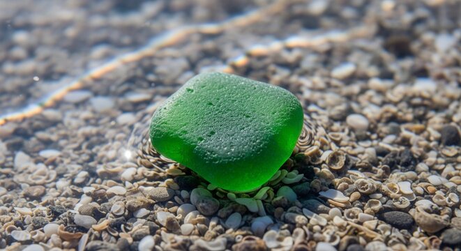 Macro shot of a bright green polished sea glass piece resting underwater on pebbles at the shore