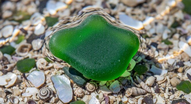 A smooth piece of green sea glass lying on a beach covered with small shells and pebbles.