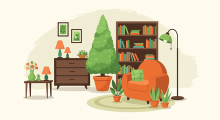 A brightly lit living room features furniture plants and bookshelves creating a cozy atmosphere © grvect02