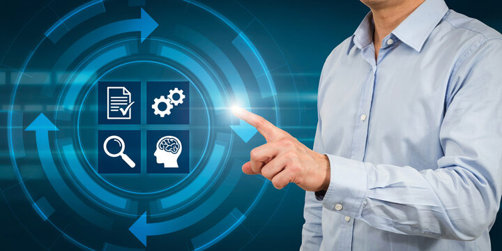 Person working with circular business process interface featuring workflow icons.