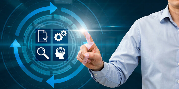 Professional worker touching digital process management diagram interface.