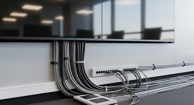 Neatly organized network cables and patch panel under an office desk.