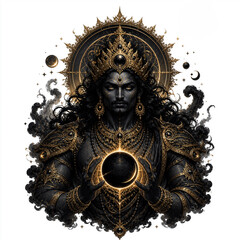 Fototapeta premium Cosmic deity with black sun eclipse celestial crown and mystical smoke