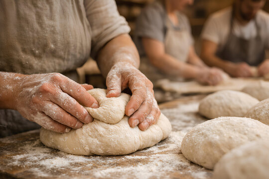 Artisan baker shaping bread dough on a rustic flour covered worktable