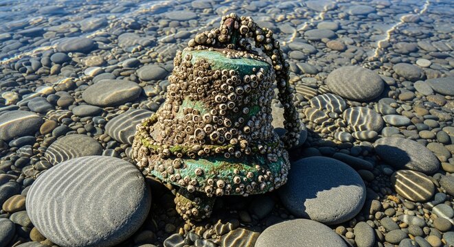 Old green metal bell covered in seashells and barnacles on a rocky beach