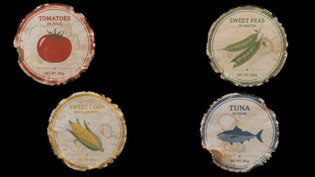 Set of vintage canned food labels isolated on black background