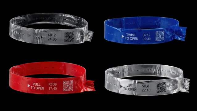 Four plastic event wristbands isolated on black background