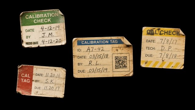 Worn calibration and inspection tags isolated on black background