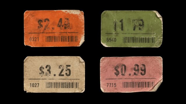 Set of four worn vintage price stickers isolated on black