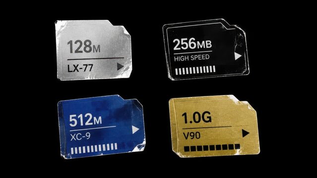 Four worn memory card labels isolated on a black background