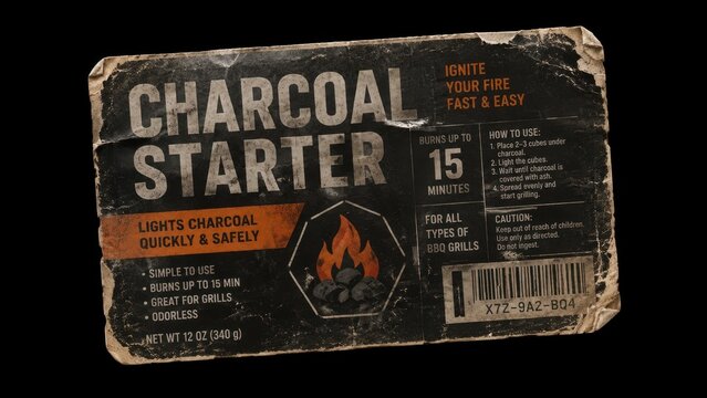 Worn charcoal starter package label isolated on black background