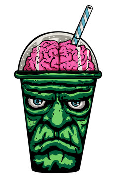 Green zombie face drink cup with an exposed brain and a drinking straw in a bold cartoon style. Perfect for stickers, Halloween, apparel, posters, and digital designs
